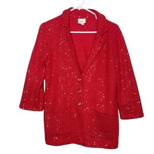 ECI New York Jacket Knit Red Sequin Collared Jacket Size Valentine's Day